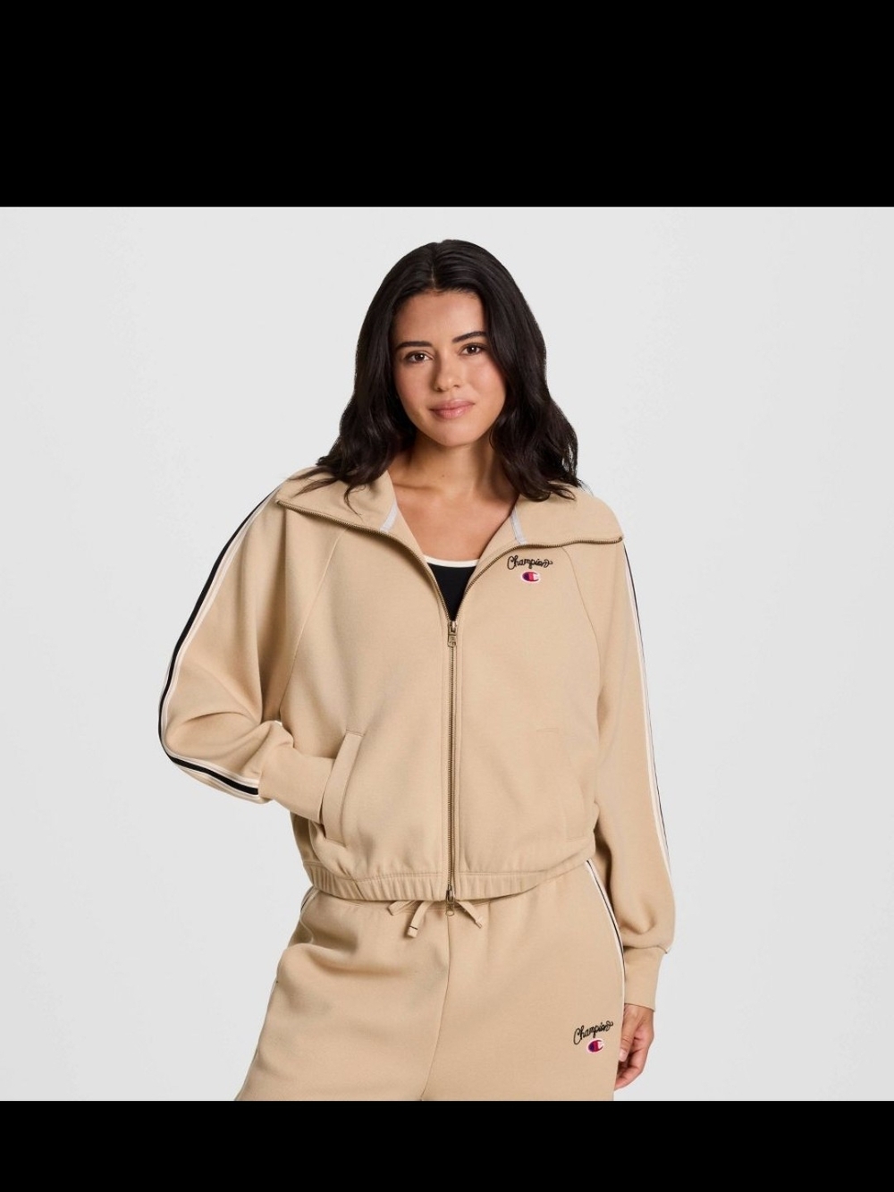 Champion Beige Zip-Up Track Jacket with Stripe Detail